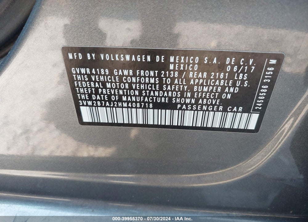 2017 VOLKSWAGEN JETTA 1.4T S VIN: 3VW2B7AJ2HM408718