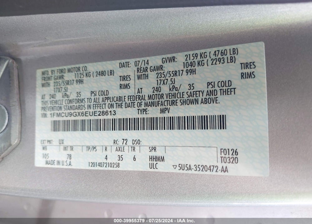 2014 FORD ESCAPE SE VIN: 1FMCU9GX6EUE28613