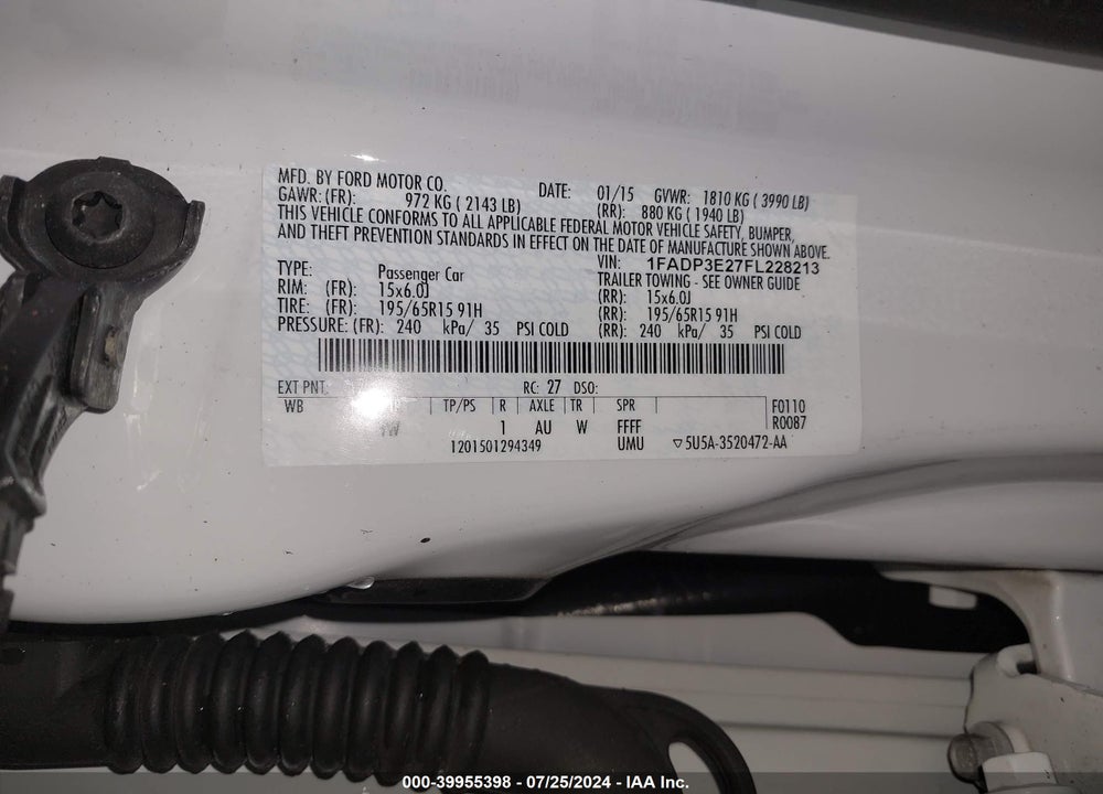 2015 FORD FOCUS S VIN: 1FADP3E27FL228213