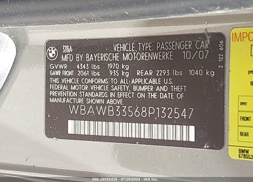 2008 BMW 328I VIN: WBAWB33568P132547