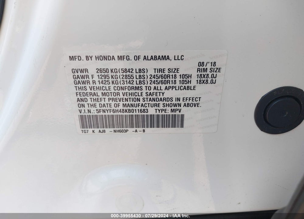 2019 HONDA PILOT EX-L VIN: 5FNYF6H48KB011683