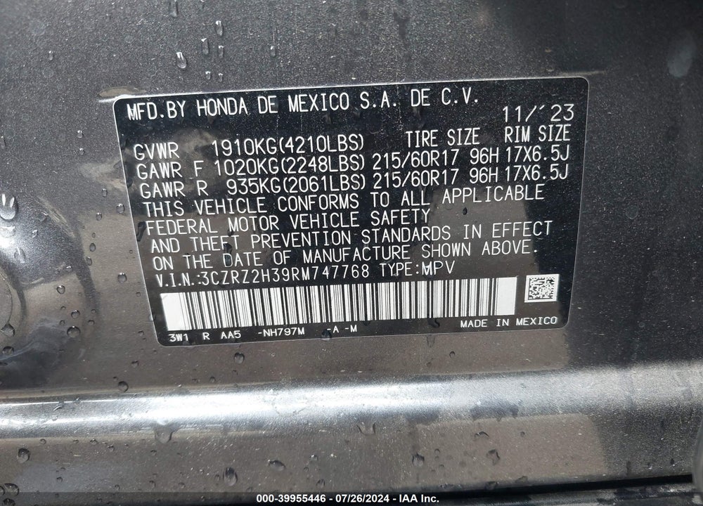 2024 HONDA HR-V AWD LX VIN: 3CZRZ2H39RM747768
