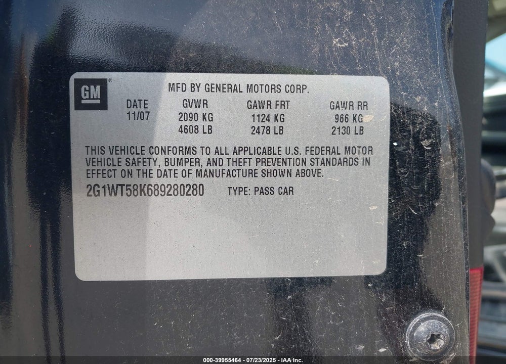 2008 CHEVROLET IMPALA VIN: 2G1WT58K689280280