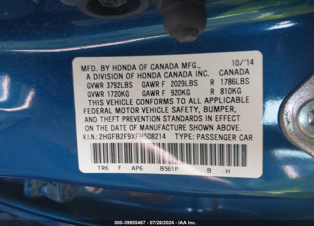 2015 HONDA CIVIC EX-L VIN: 2HGFB2F9XFH508214