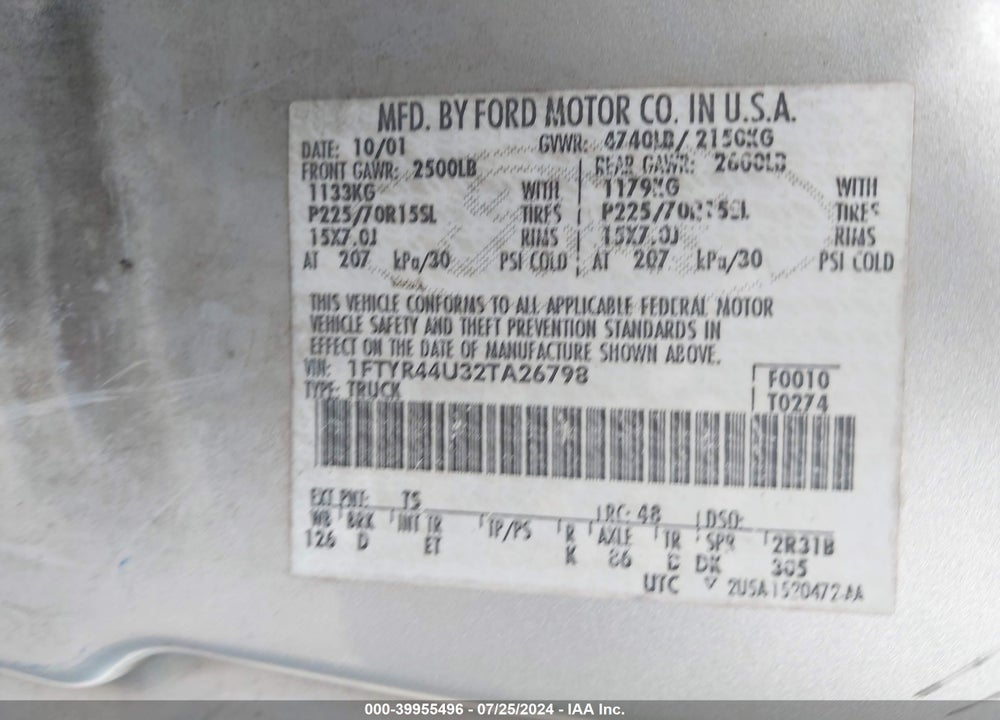 2002 FORD RANGER EDGE/TREMOR/XLT VIN: 1FTYR44U32TA26798