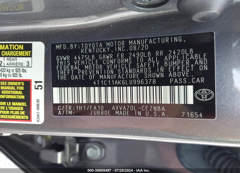 2020 TOYOTA CAMRY LE VIN: 4T1C11AK6LU996378
