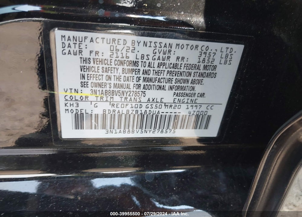 2022 NISSAN SENTRA S XTRONIC CVT VIN: 3N1AB8BV5NY278575