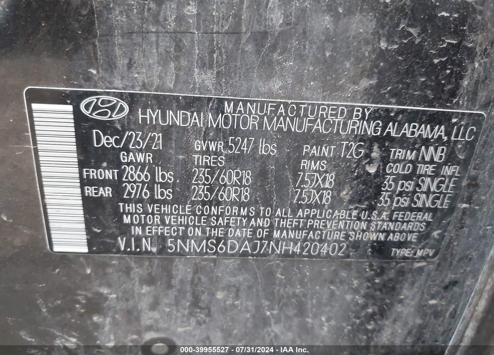 2022 HYUNDAI SANTA FE SEL VIN: 5NMS6DAJ7NH420402