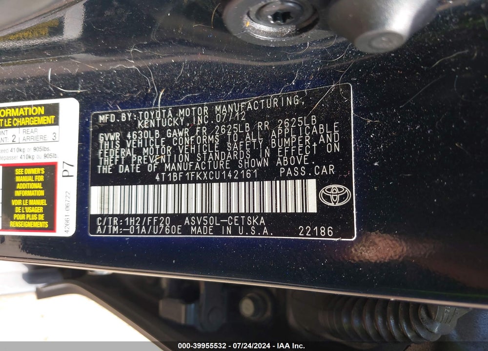 2012 TOYOTA CAMRY SE VIN: 4T1BF1FKXCU142161