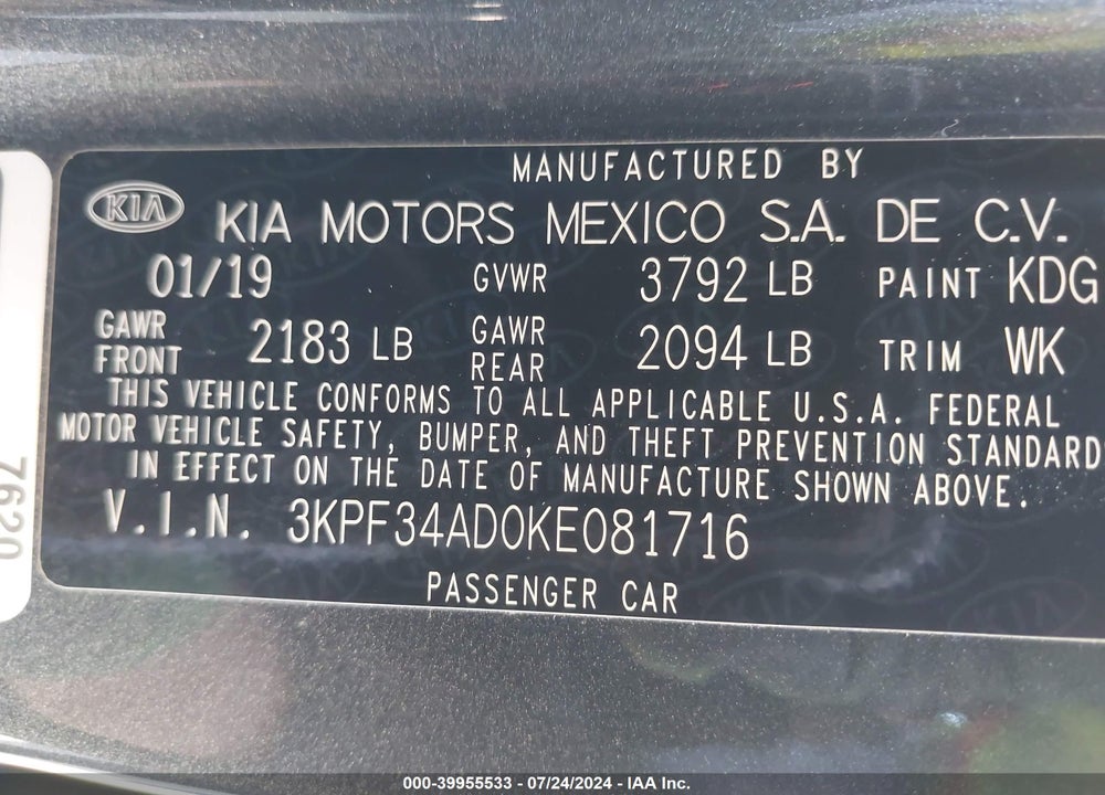 2019 KIA FORTE S VIN: 3KPF34AD0KE081716