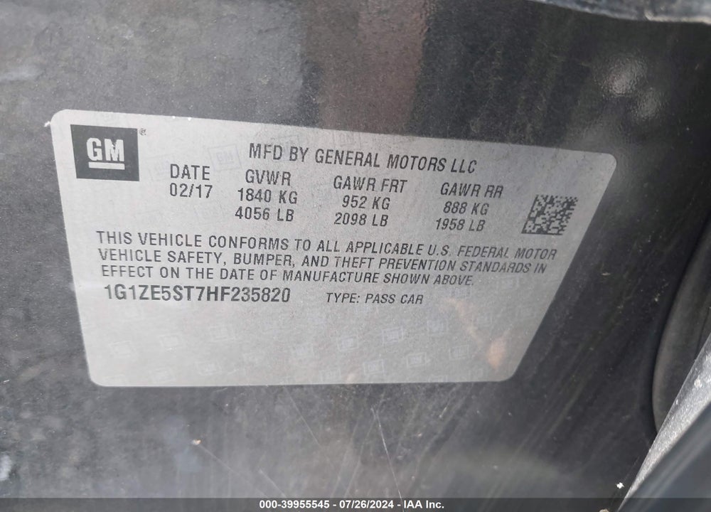 2017 CHEVROLET MALIBU 1LT VIN: 1G1ZE5ST7HF235820