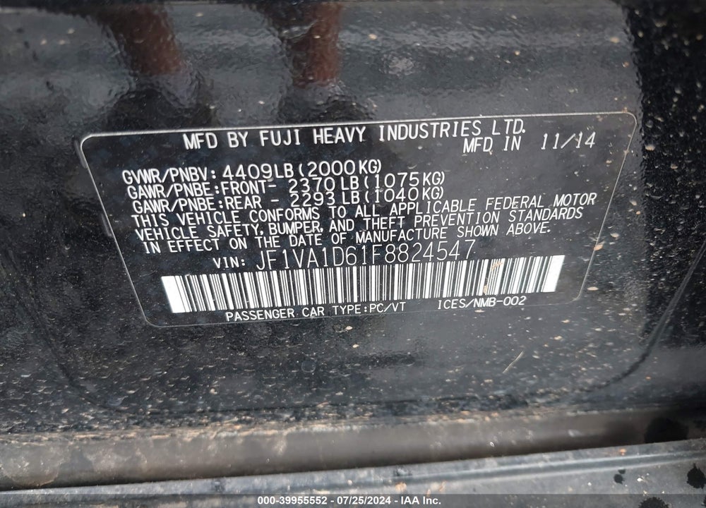 2015 SUBARU WRX PREMIUM VIN: JF1VA1D61F8824547