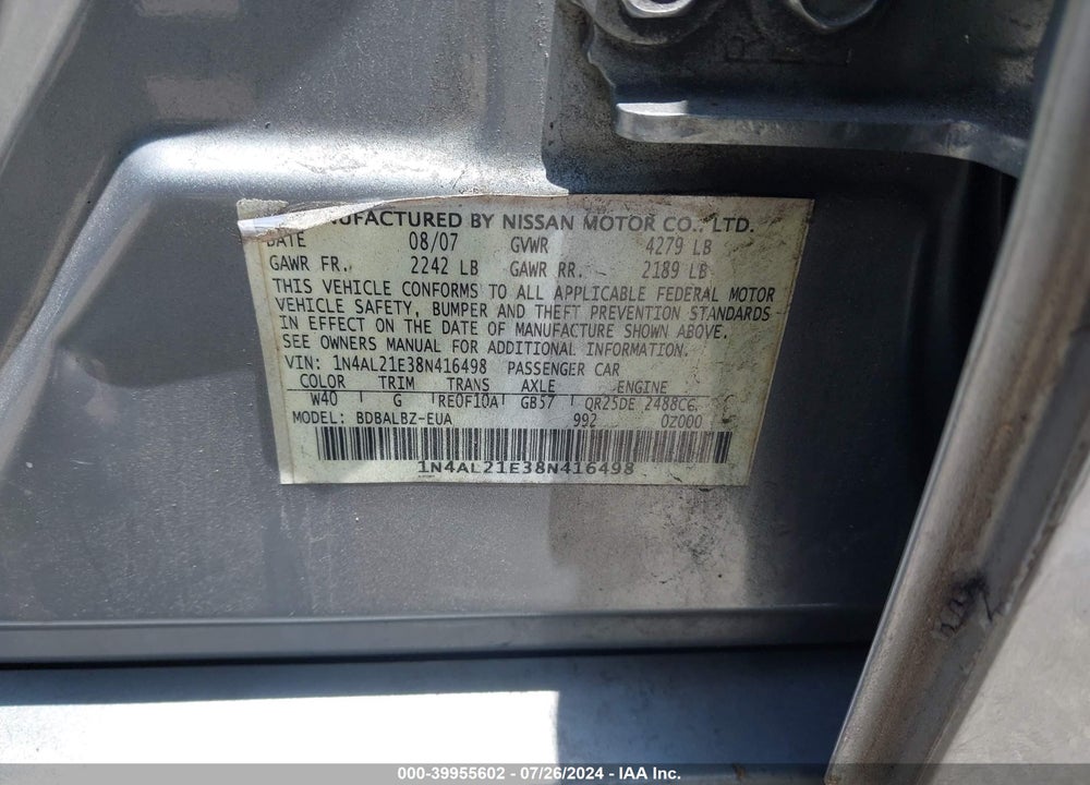2008 NISSAN ALTIMA 2.5 S VIN: 1N4AL21E38N416498