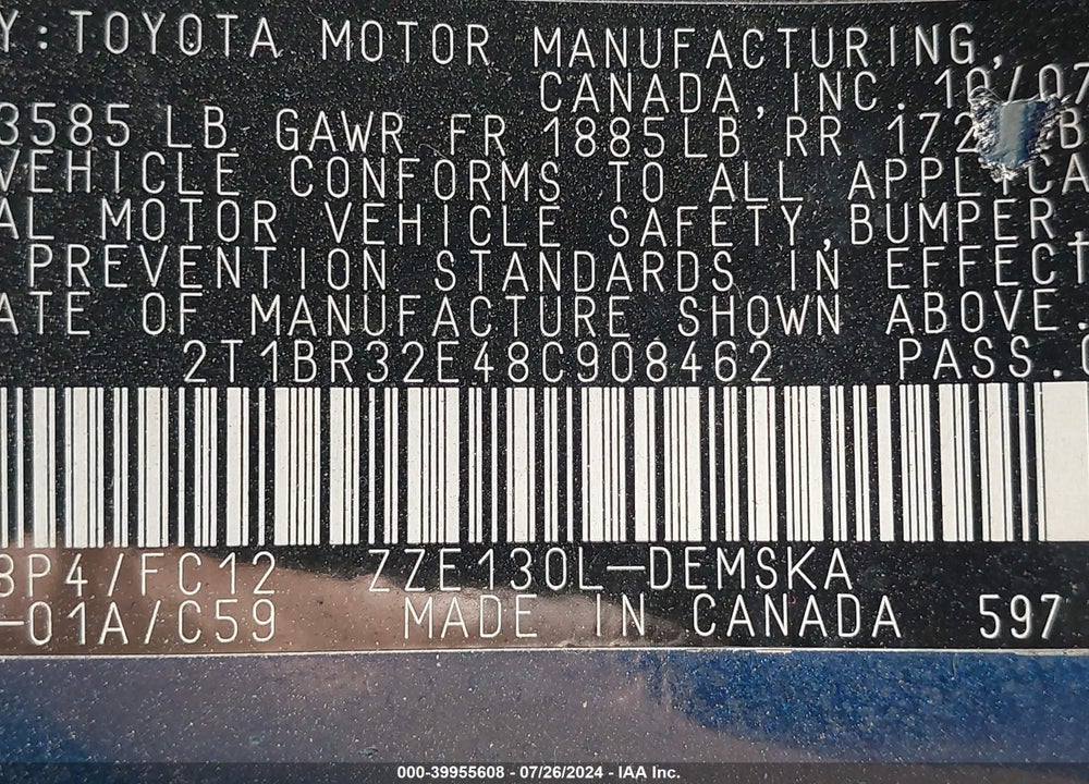 2008 TOYOTA COROLLA CE/LE/S VIN: 2T1BR32E48C908462