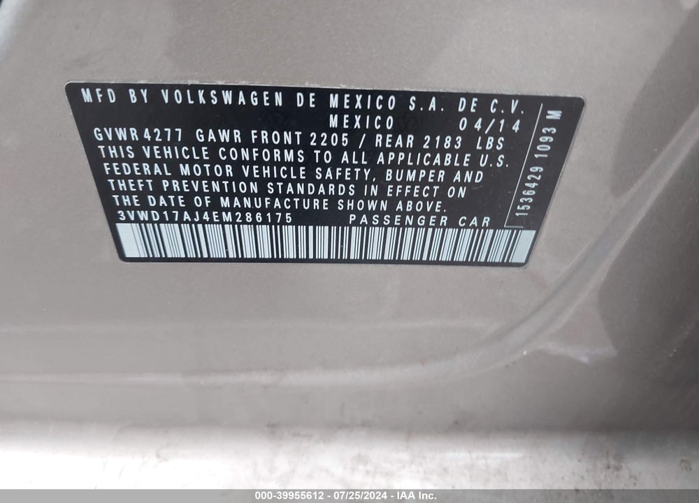2014 VOLKSWAGEN JETTA 1.8T SE VIN: 3VWD17AJ4EM286175