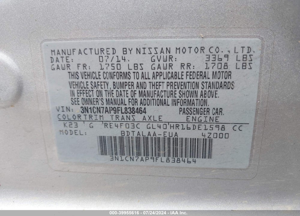 2015 NISSAN VERSA 1.6 S+ VIN: 3N1CN7AP9FL838464
