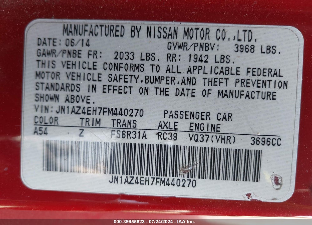 2015 NISSAN 370Z NISMO TECH VIN: JN1AZ4EH7FM440270