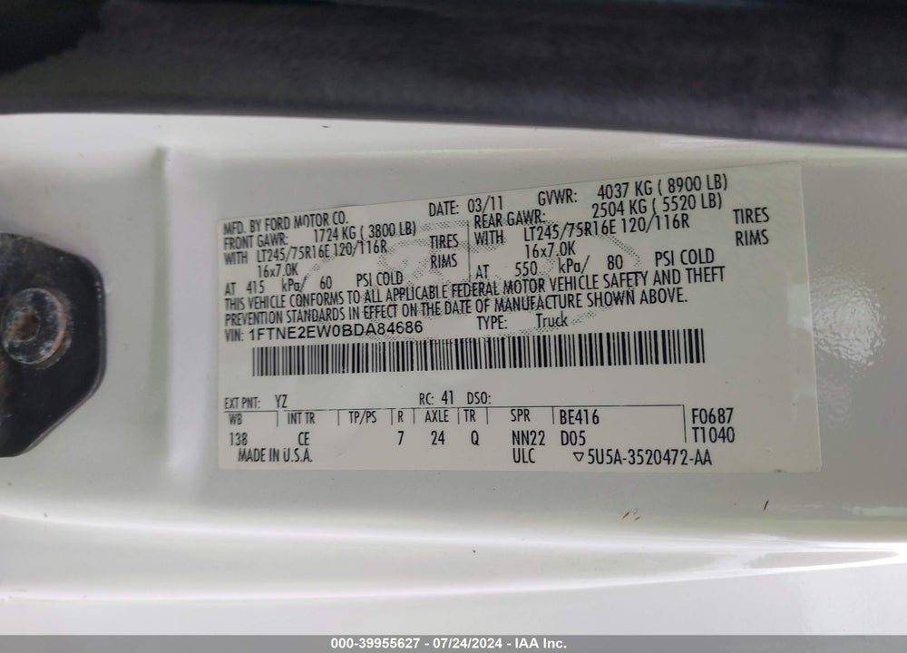 2011 FORD E-250 COMMERCIAL VIN: 1FTNE2EW0BDA84686