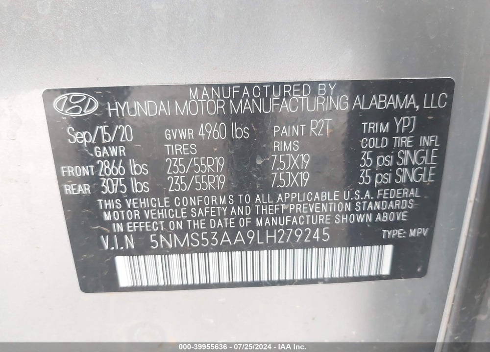 2020 HYUNDAI SANTA FE LIMITED 2.0T VIN: 5NMS53AA9LH279245