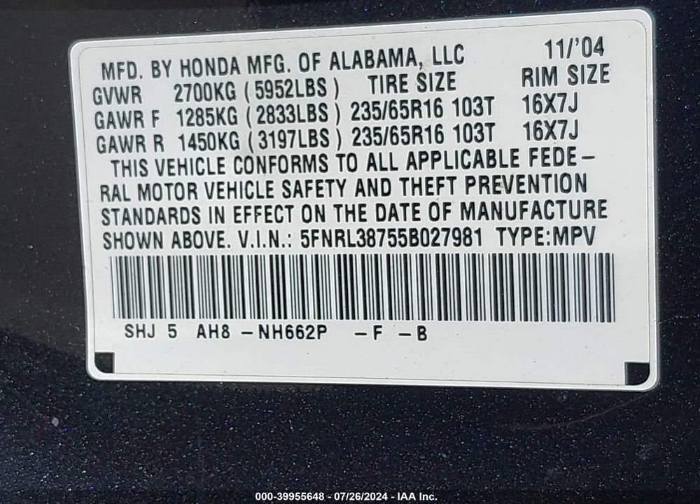 2005 HONDA ODYSSEY EX-L VIN: 5FNRL38755B027981