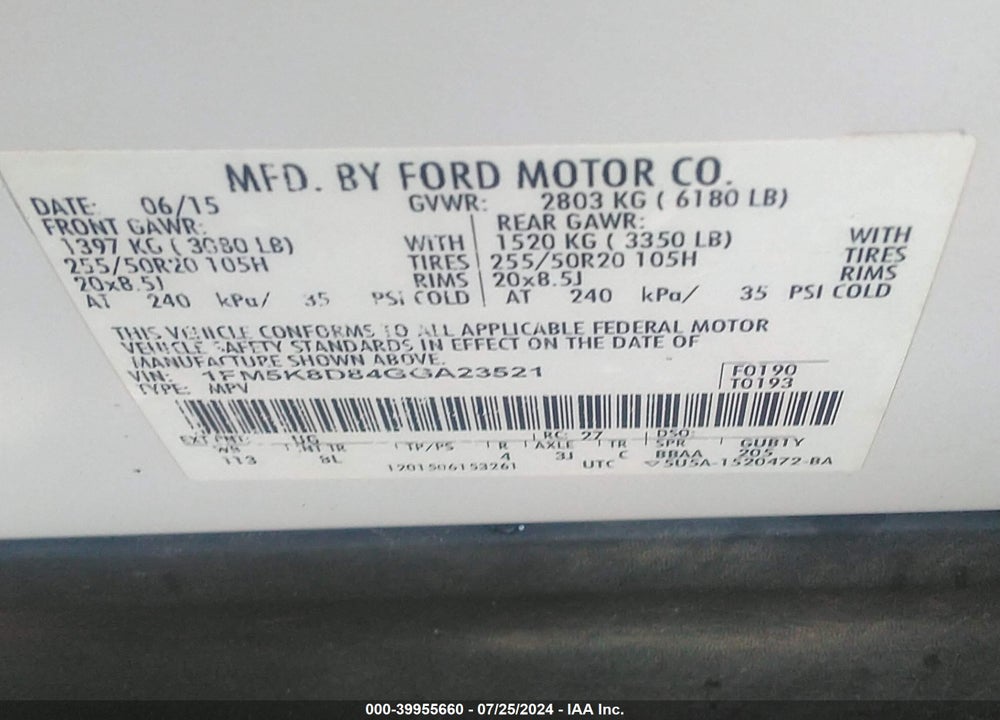2016 FORD EXPLORER XLT VIN: 1FM5K8D84GGA23521