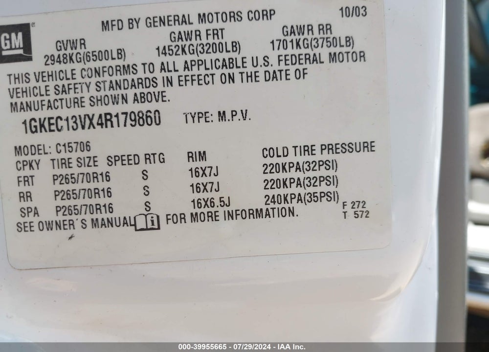 2004 GMC YUKON SLE VIN: 1GKEC13VX4R179860