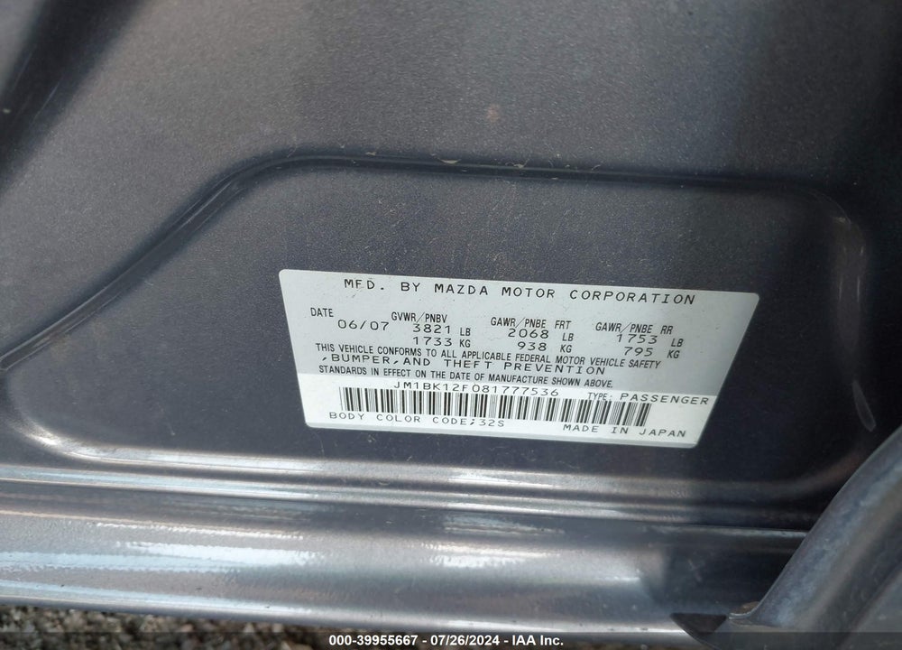 2008 MAZDA 3 I VIN: JM1BK12F081777536