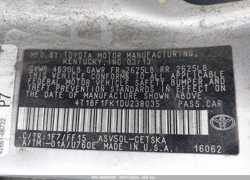 2013 TOYOTA CAMRY SE VIN: 4T1BF1FK1DU238035