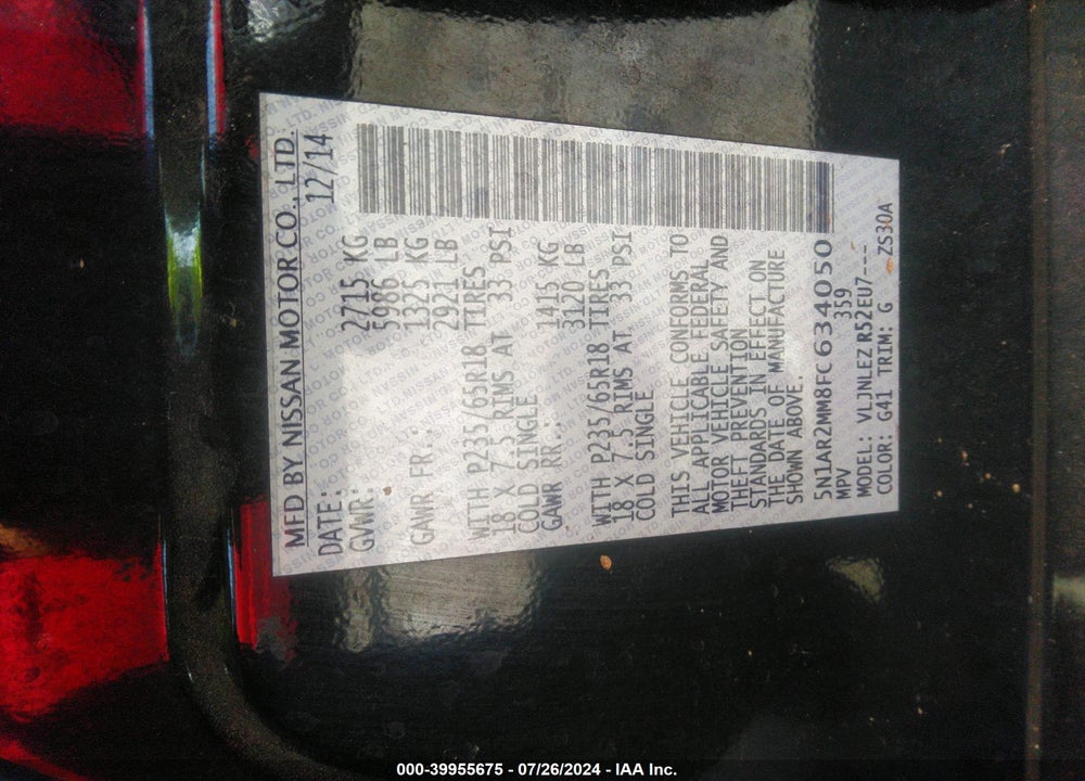 2015 NISSAN PATHFINDER PLATINUM/S/SL/SV VIN: 5N1AR2MM8FC634050