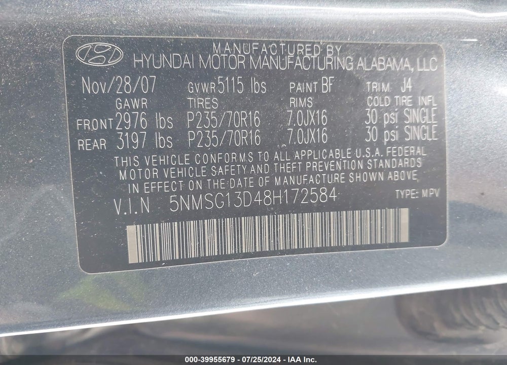 2008 HYUNDAI SANTA FE GLS VIN: 5NMSG13D48H172584
