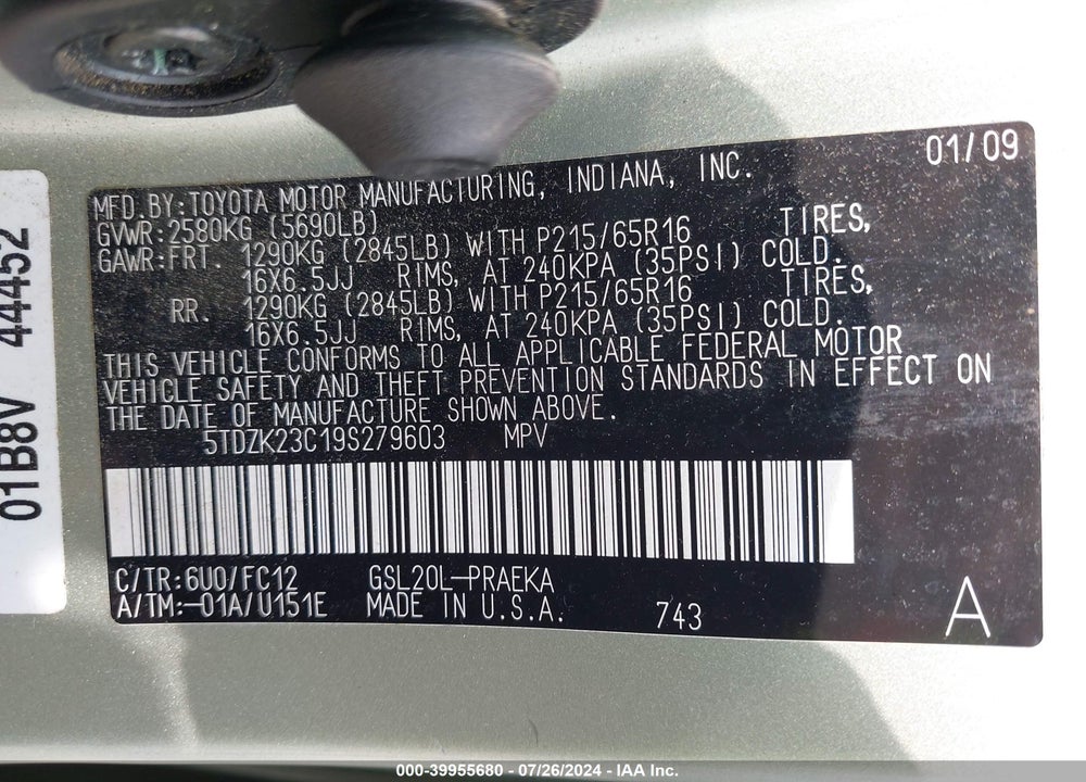 2009 TOYOTA SIENNA CE/LE VIN: 5TDZK23C19S279603
