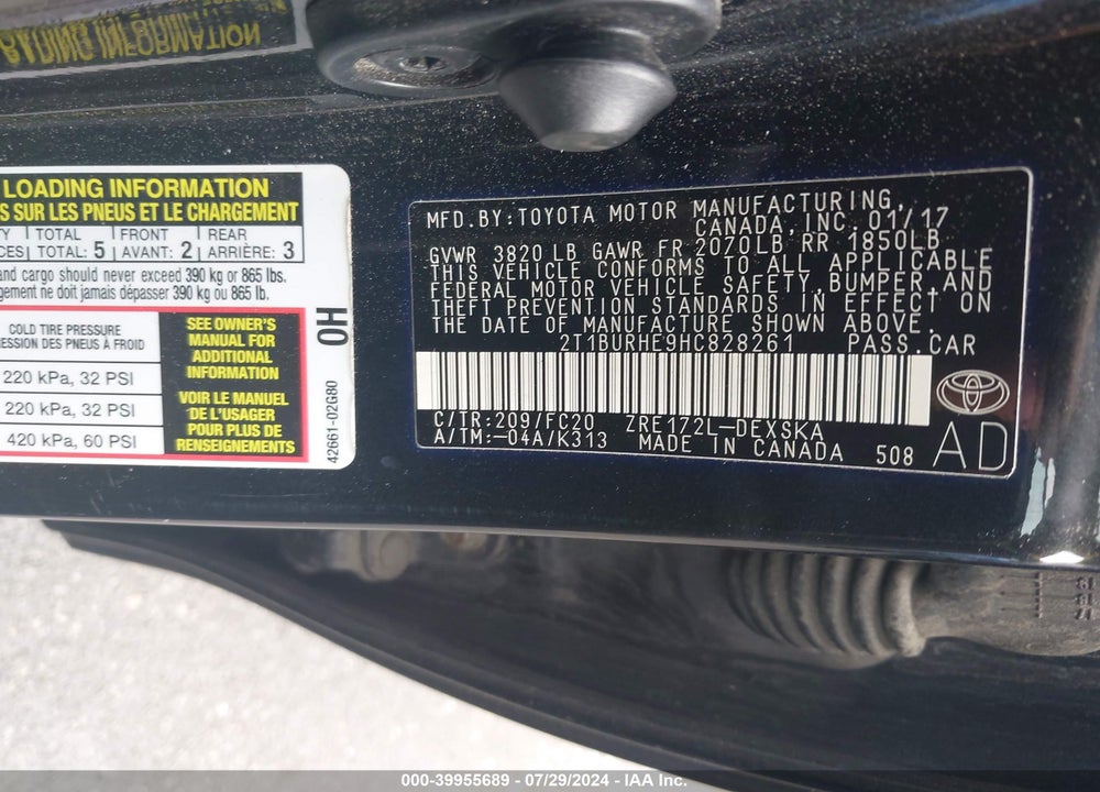 2017 TOYOTA COROLLA L/LE/SE/SE SPECIAL EDITION/XLE/XSE VIN: 2T1BURHE9HC828261
