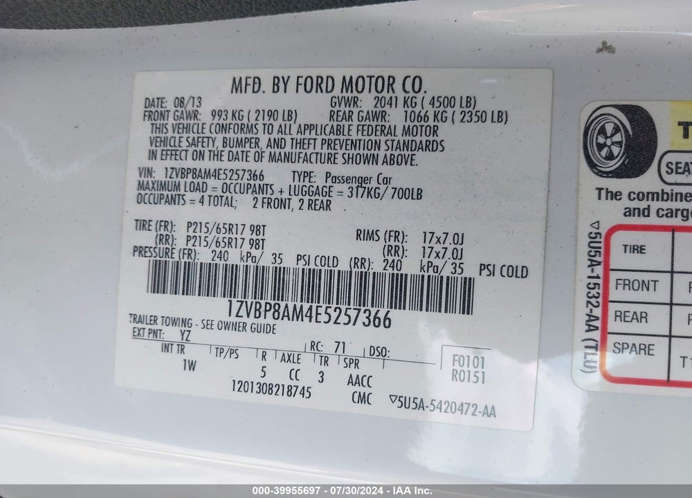 2014 FORD MUSTANG V6 VIN: 1ZVBP8AM4E5257366