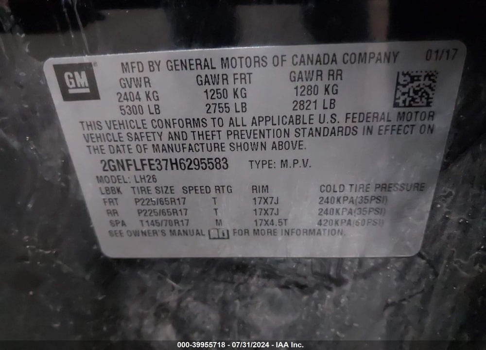 2017 CHEVROLET EQUINOX LT VIN: 2GNFLFE37H6295583