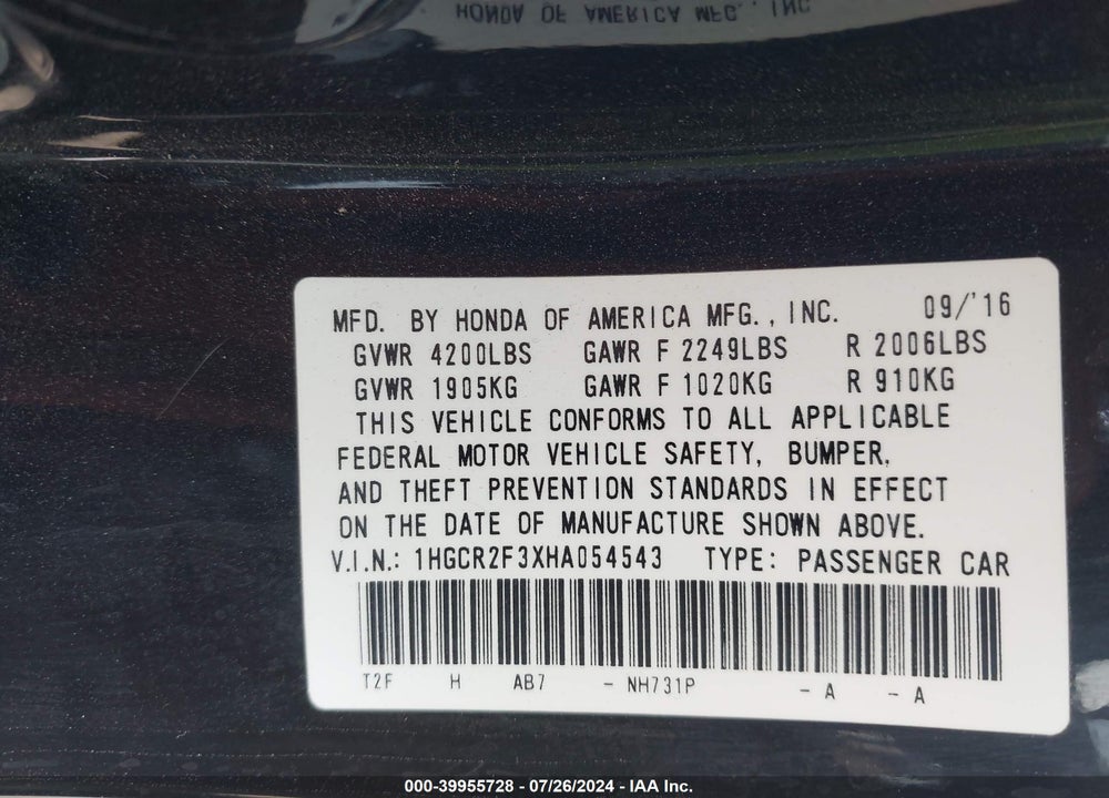 2017 HONDA ACCORD LX VIN: 1HGCR2F3XHA054543