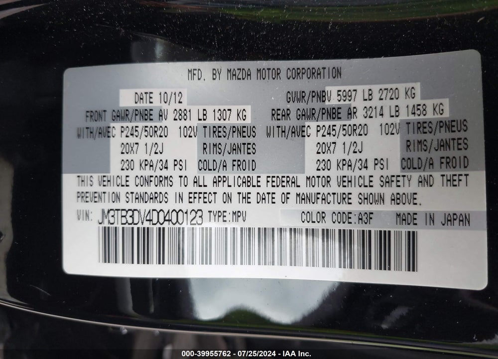 2013 MAZDA CX-9 GRAND TOURING VIN: JM3TB3DV4D0400123