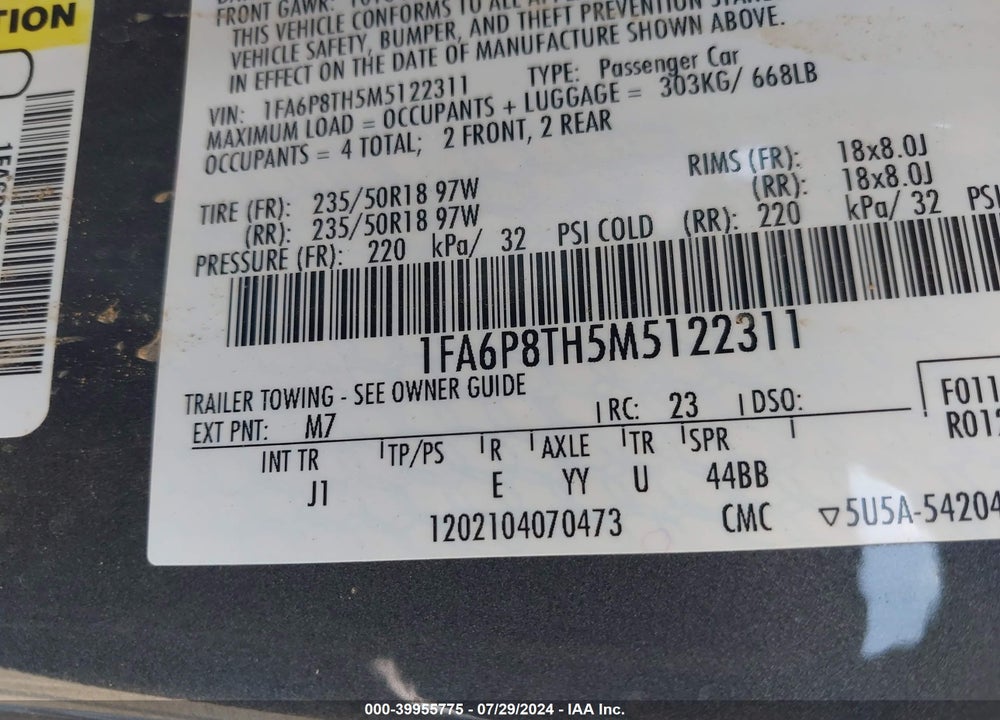 2021 FORD MUSTANG ECOBOOST PREMIUM FASTBACK VIN: 1FA6P8TH5M5122311