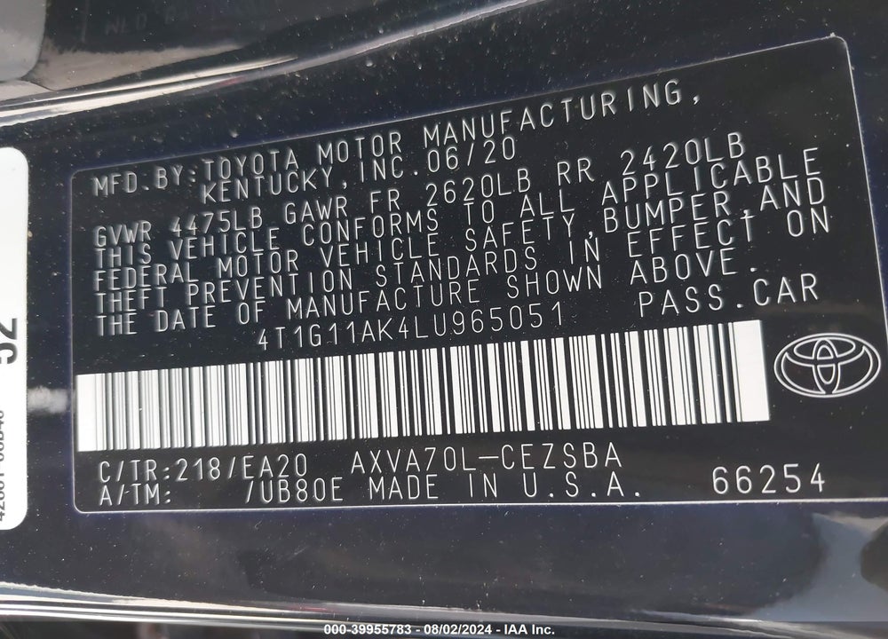 2020 TOYOTA CAMRY SE VIN: 4T1G11AK4LU965051