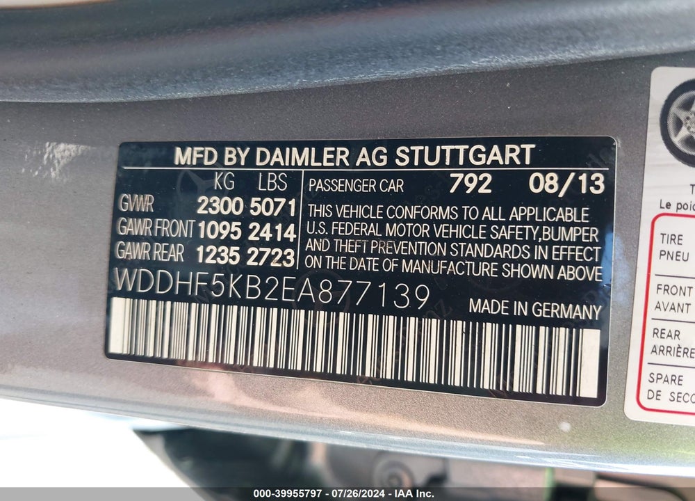 2014 MERCEDES-BENZ E 350 VIN: WDDHF5KB2EA877139
