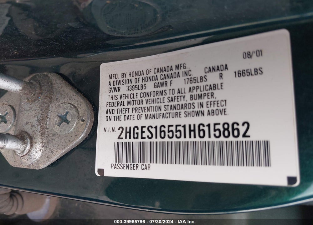2001 HONDA CIVIC LX VIN: 2HGES16551H615862