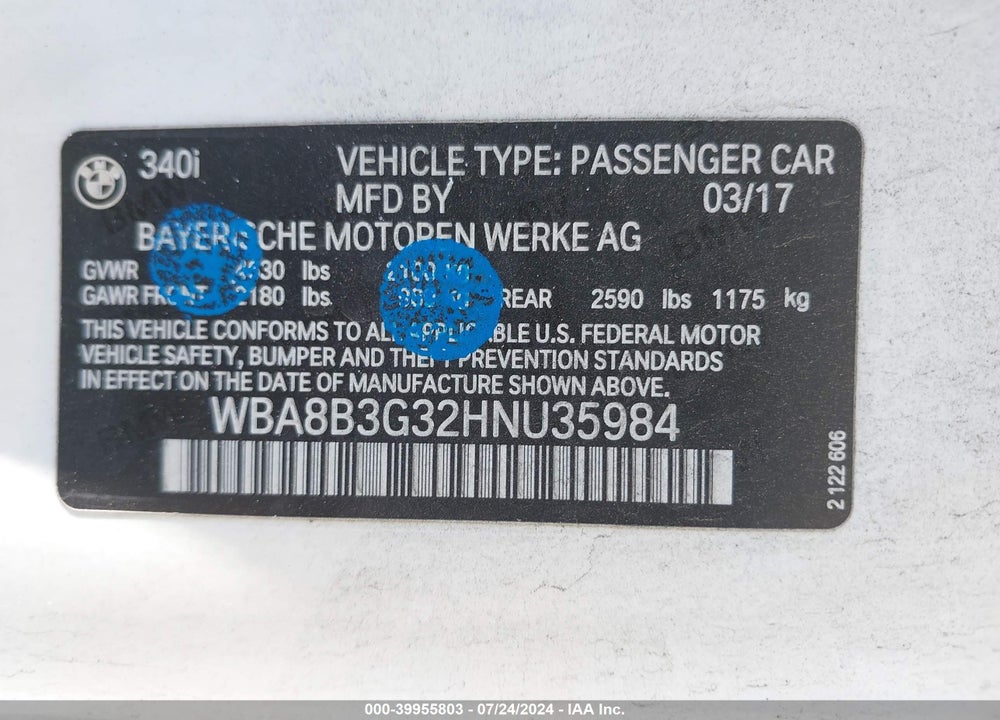 2017 BMW 340I VIN: WBA8B3G32HNU35984