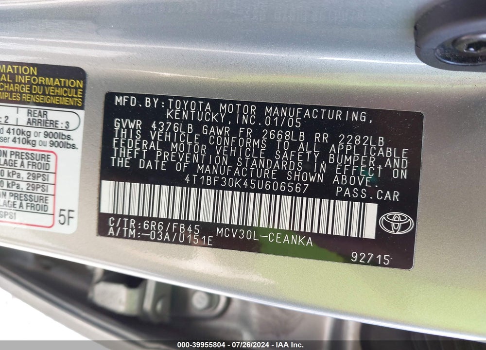 2005 TOYOTA CAMRY LE V6/XLE V6 VIN: 4T1BF30K45U606567