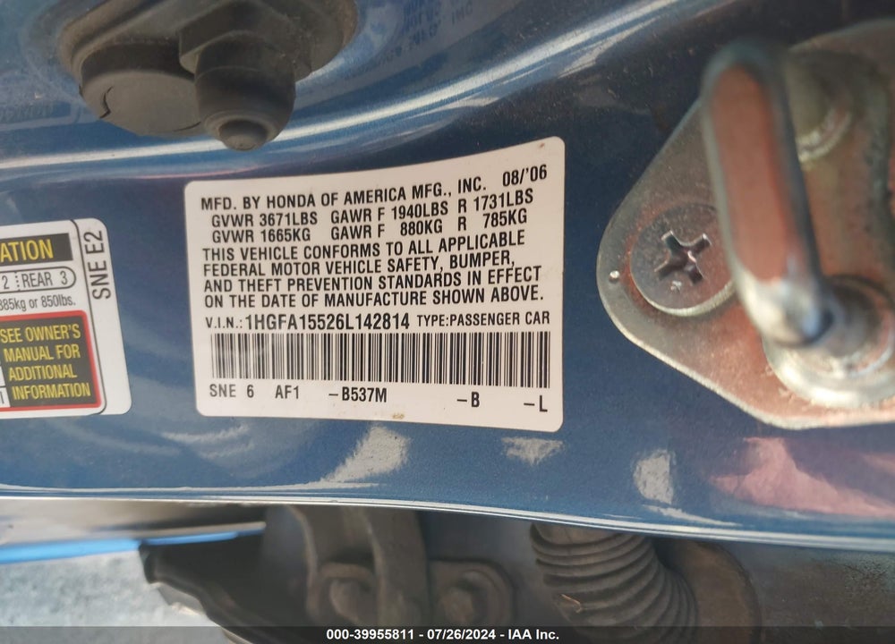 2006 HONDA CIVIC LX VIN: 1HGFA15526L142814