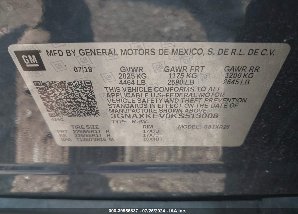 2019 CHEVROLET EQUINOX LT VIN: 3GNAXKEV0KS513008