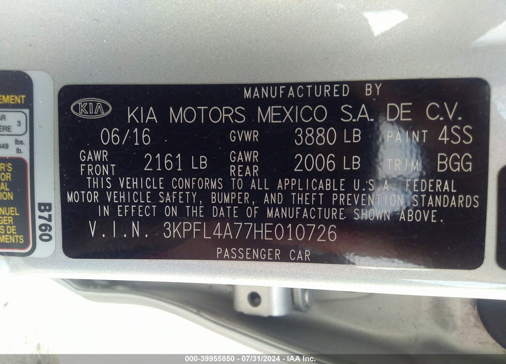 2017 KIA FORTE LX VIN: 3KPFL4A77HE010726