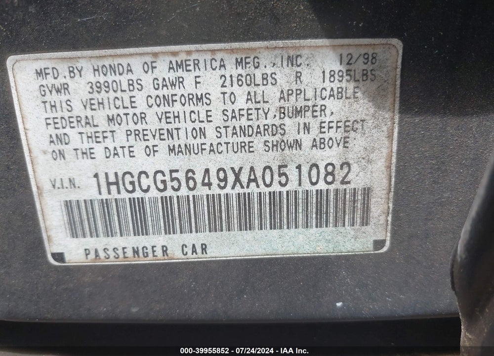 1999 HONDA ACCORD LX VIN: 1HGCG5649XA051082