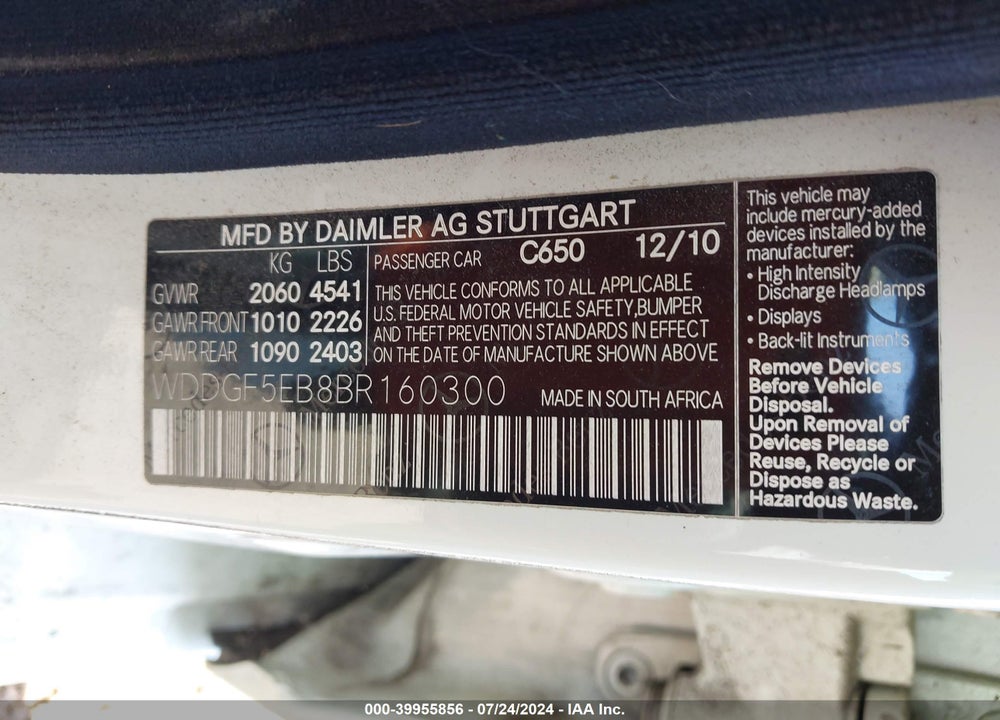 2011 MERCEDES-BENZ C 300 LUXURY/SPORT VIN: WDDGF5EB8BR160300