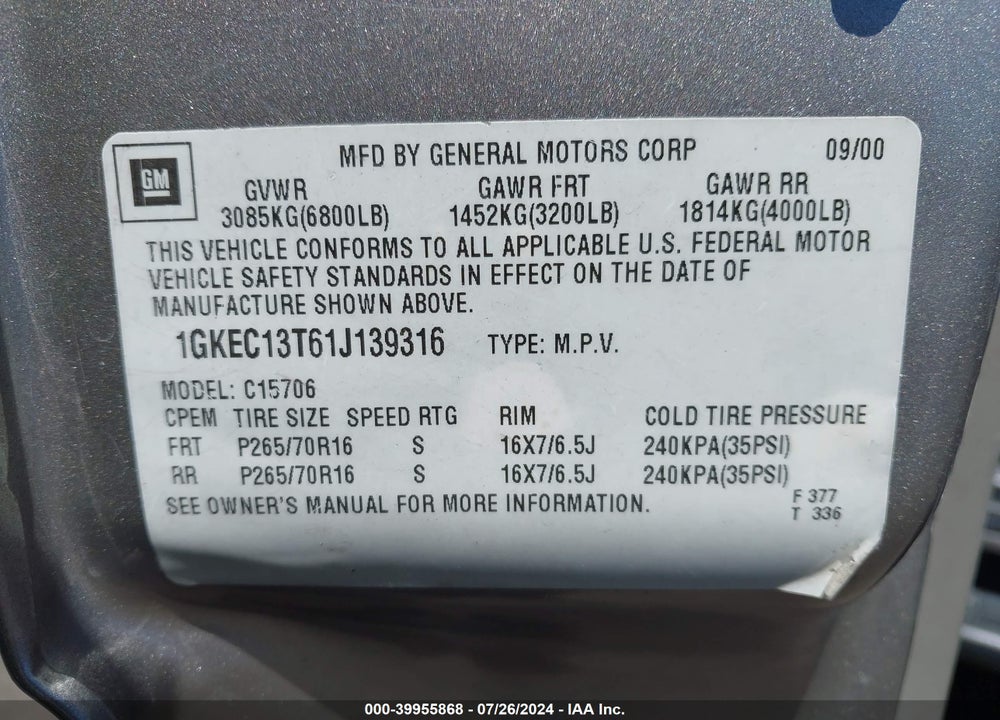 2001 GMC YUKON SLT VIN: 1GKEC13T61J139316