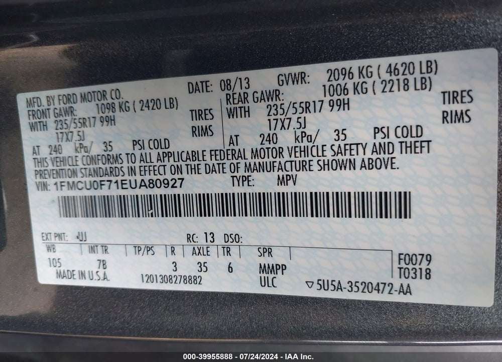 2014 FORD ESCAPE S VIN: 1FMCU0F71EUA80927