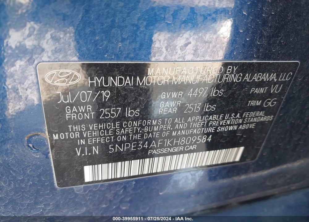 2019 HYUNDAI SONATA SEL VIN: 5NPE34AF1KH809584